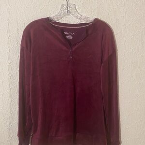Nautica Women's Deep Burgundy Cotton Blend Henley Long Sleeve Top Soft Velour